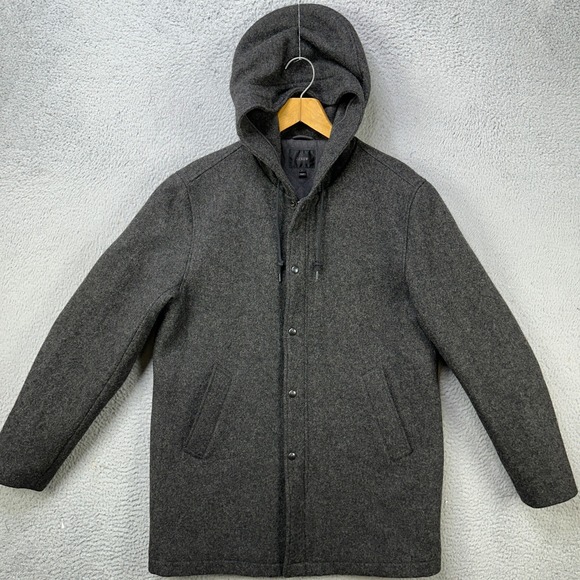 J Crew Wool Long Pea Coat Jacket Men Large Black Full Zip Snap Button Drawstring